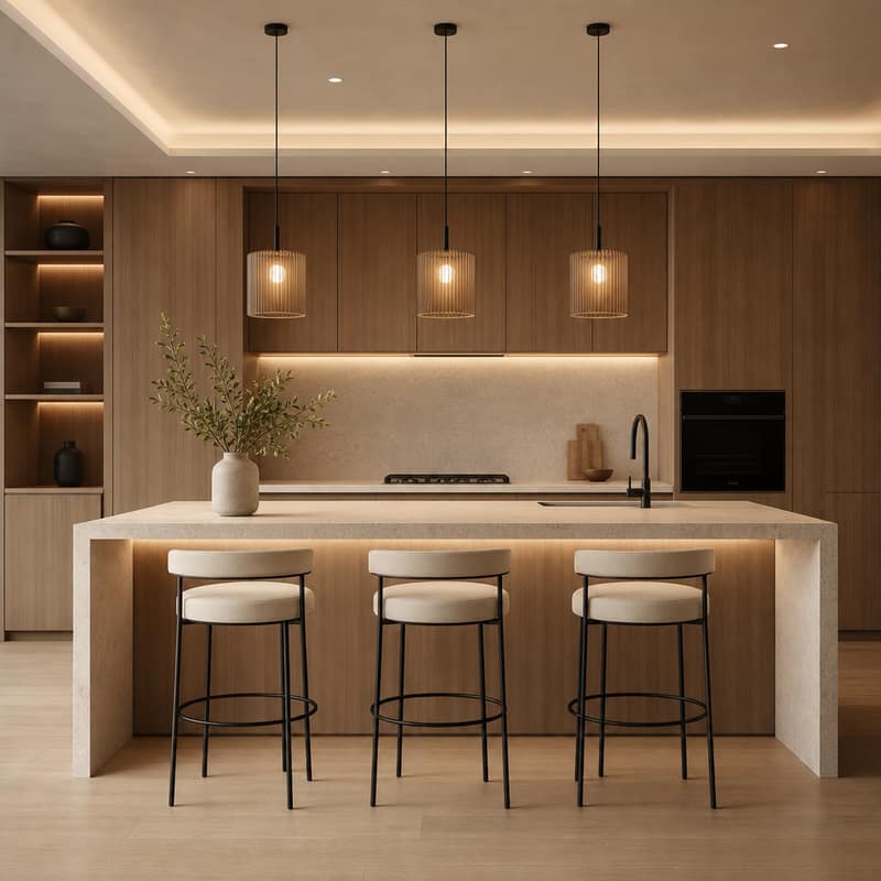 Kücheninsel mit Barhockern und Pendelleuchten – Interior Design Luxembourg