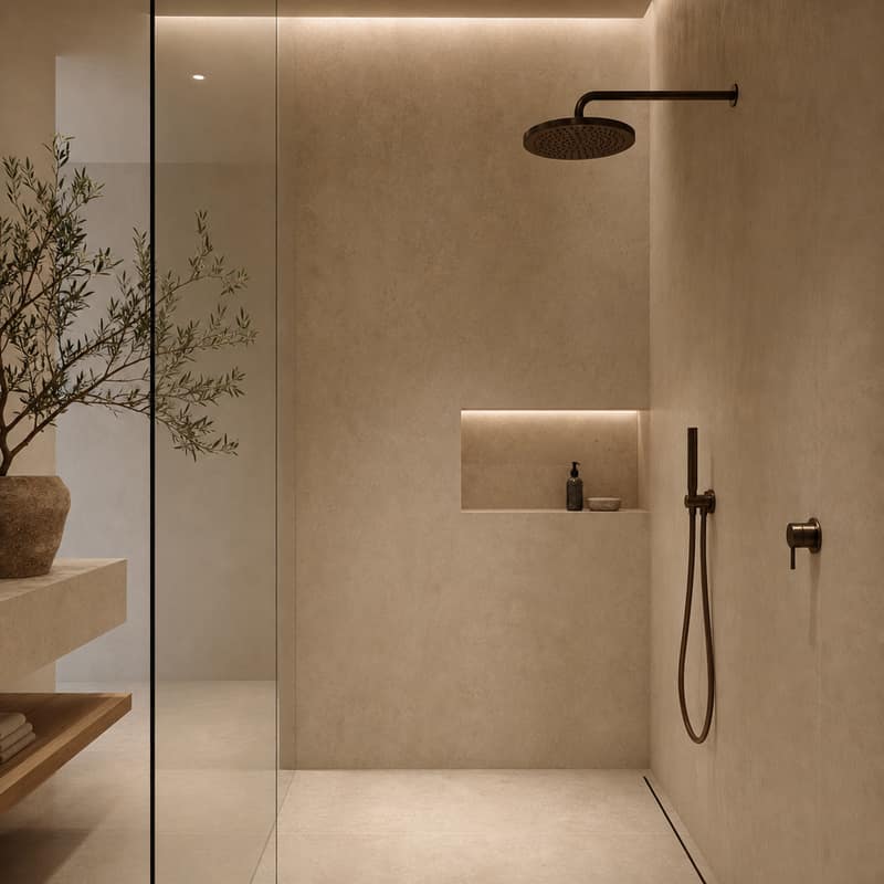 Minimalistische Walk-in-Dusche mit dunklen Armaturen – Mikrozement Bad Luxemburg