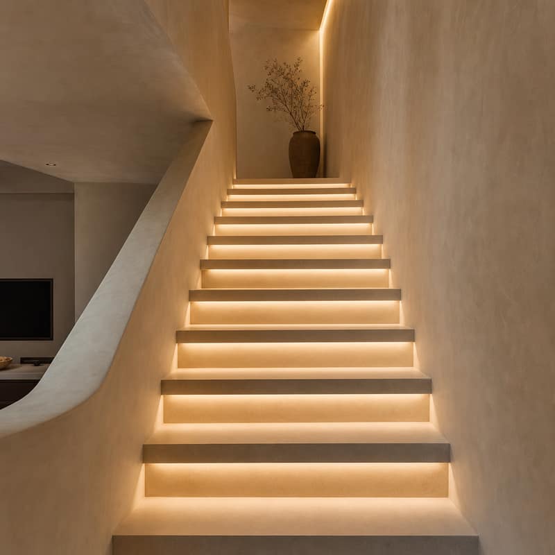 Steintreppe mit integrierter Stufenbeleuchtung – Interior Projekt Luxemburg